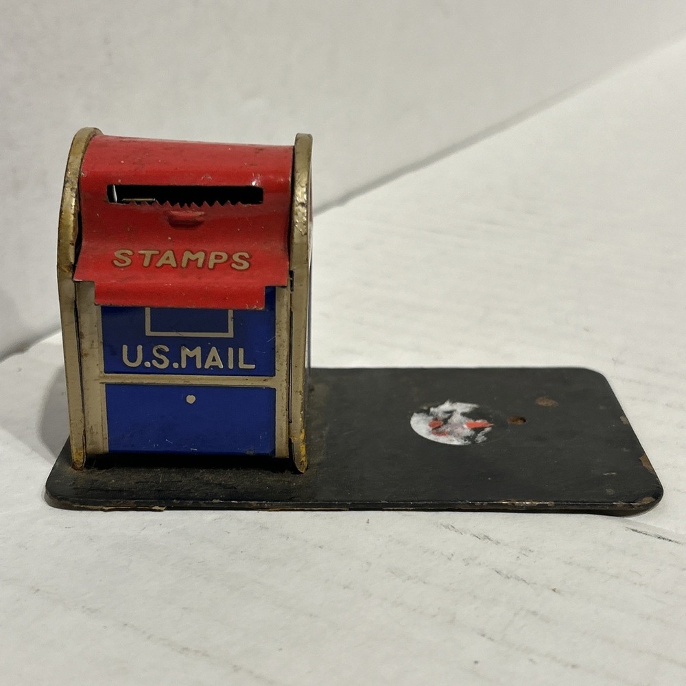Vtg US Mail Box Metal‎ Stamp Roll Dispenser Red Blue A4